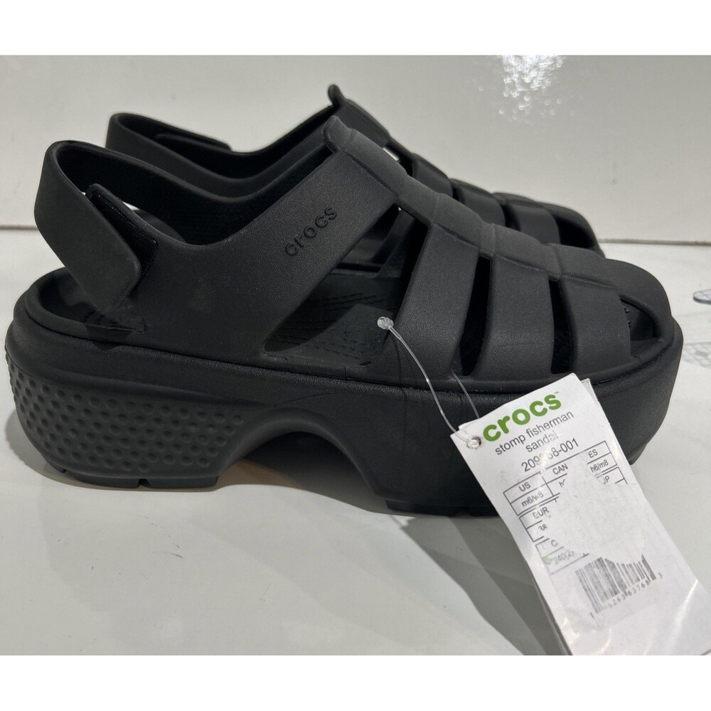 CROCS Stomp Platform Fisherman Sandals Black Platform Shoes 209938 Women's 8